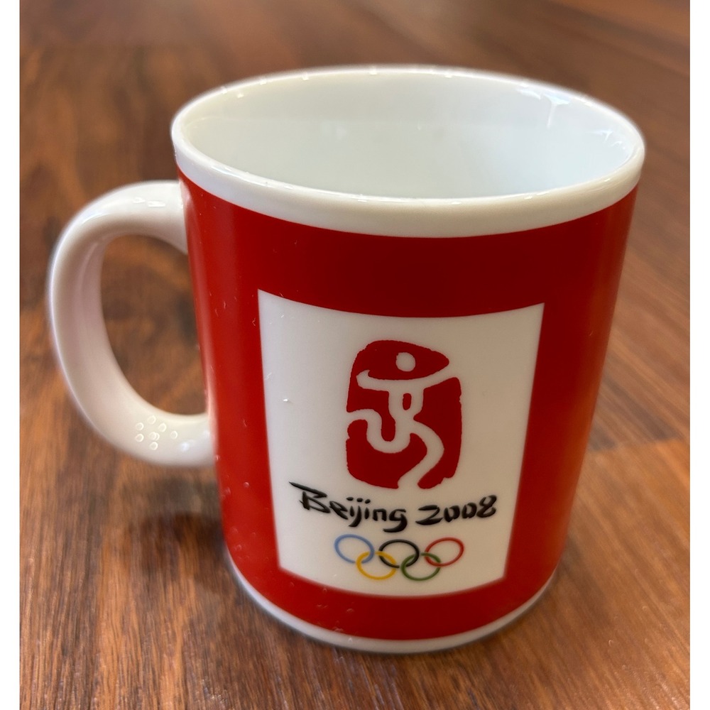 Beijing‎ 2008 Olympics Commemorative Mug Red White Olympic Rings Souvenir